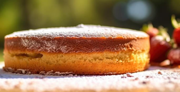 Fotografia de um bolo com massa fofinha de pão-de-ló mostrada de lado. O bolo está polvilhado com açúcar de confeiteiro.