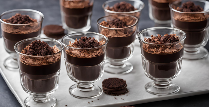 Fotografia mostra com taça de vidro com camadas de brigadeiro cremoso e biscoito, cobertas por chocolate derretido brilhante.