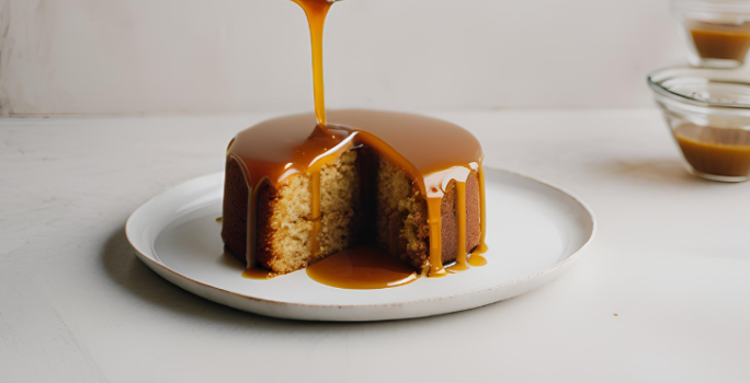 Fotografia em tons de branco com um prato branco ao centro. Em cima do prato existe uma receita de Bolo de Especiarias coberto com uma calda dourada feita com laranja