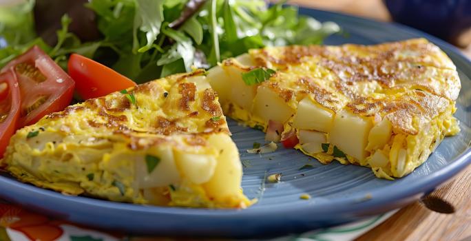 Foto aproximada da receita de omelete com batata, servida em um prato e dividia ao meio, podendo ver as batatas no centro. No prato há uma salada verde e algumas fatias de tomate