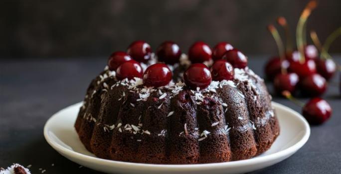 Fotografia de um bolo de nescau, feito na forma redonda com furo no meio, com cereja na massa e várias cerejas por cima do bolo, que está sobre um prato fundo branco. O prato está sobre uma mesa preta, que tem várias cerejas juntas.