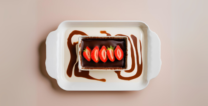 Fotografia vista de cima de uma sobremesa de 4 leites com chocolate e morango dentro de uma travessa retangular branca.