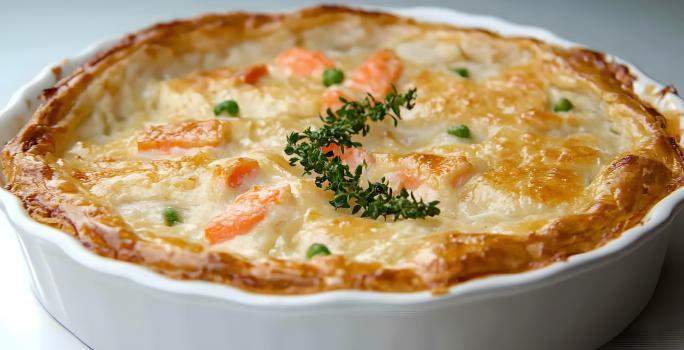 Fotografia mostra torta cremosa com recheio de camarão, decorada com parmesão dourado e uma leve crosta dourada.