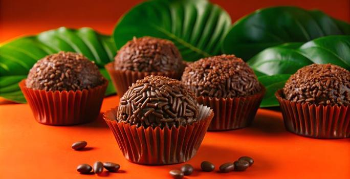 Fotografia de cinco brigadeiros passados no granulado, dentro de uma forminha vermelha, sobre uma mesa laranja com grão de café. No fundo tem algumas folhas.