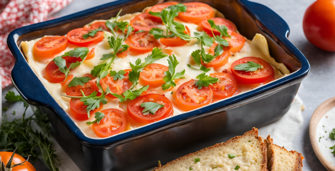 Fotografia mostra uma forma retangular contendo uma torta salgada natalina decorada com fatias de tomate