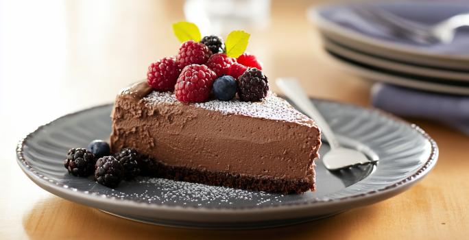 A foto mostra uma fatia da tortinha com uma base de biscoito de chocolate, recheada com creme de avelã e chocolate meio amargo. O topo da torta é coberto por frutas vermelhas frescas, como morangos, amoras e framboesas.