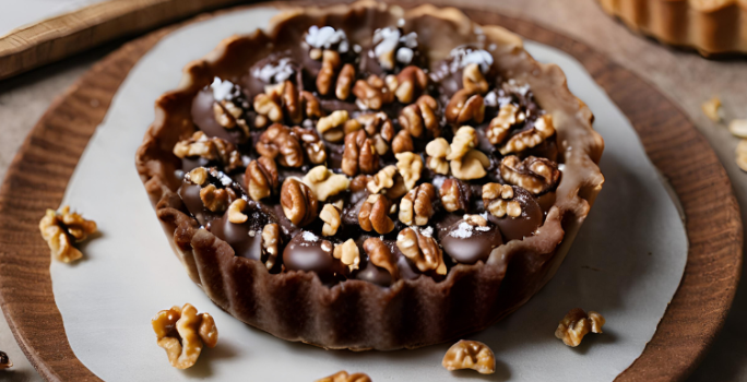 Fotografia em tons de maeeom com uma torta Chocolate com Nozes e Caramelo Salgado ao centro. A base da torta é feita com biscoito de chocolate, recheada com um creme de chocolate e caramelo salgado e, por cima, pedaços de nozes.