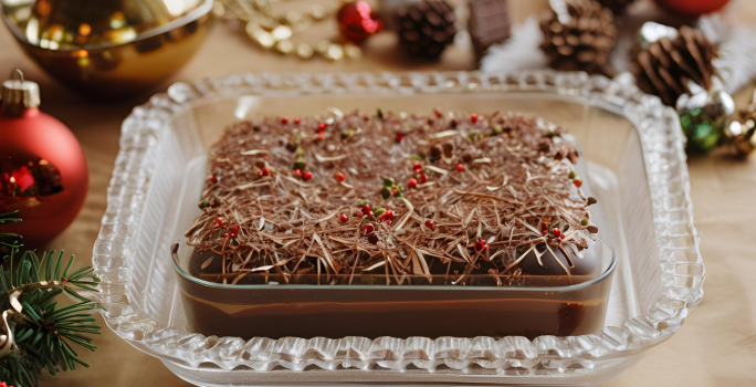 Foto da receita de doce abraço de natal, um pavê decorado com raspas de chocolate, lindíssimo e servido sobre uma mesa decorada com itens de natal