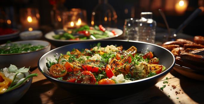 Fotografai de uma frigideira funda preta com Cenoura, batata, abobrinha, vagem e tomate refogados com MAGGI Caldo Legumes, ao fundo tem mais recipientes com mais legumes, e todos estão sobre uma mesa de madeira.