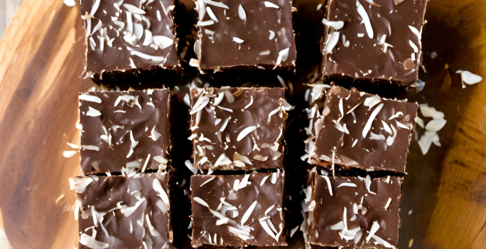 A foto mostra quadradinhos de cocada de chocolate densos e brilhantes em uma travessa rústica de madeira. A cocada tem uma cor marrom profunda, com pedaços de coco visíveis.