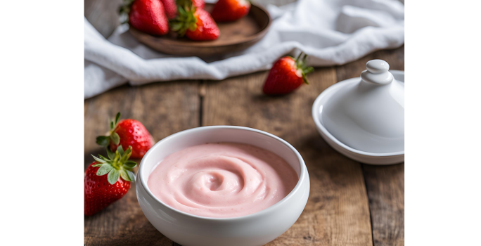 Foto de um pote branco redondo com creme rosa dentro, sobra uma bancada de madeira com diversos morangos espalhados, um tecido branco ao fundo e mais uma tábua de madeira