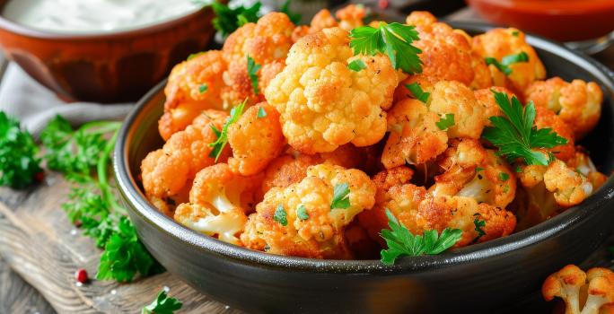 Fotografia em tons de preto com um prato fundo e preto ao centro. Dentro do prato existe uma receita de couve-flor feito na Air Fryer