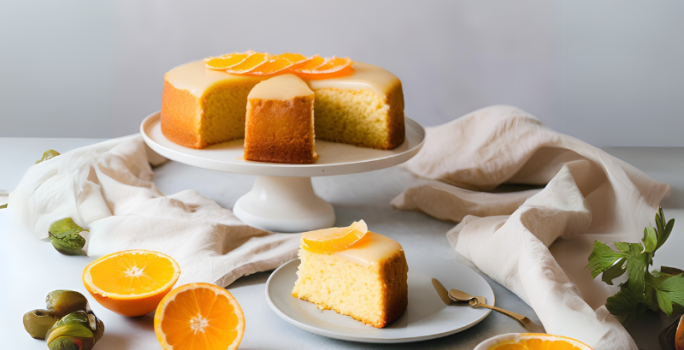 Um bolo dourado com cobertura brilhante e fatias de laranja no topo está sobre um prato branco. Uma fatia foi retirada e colocada em um pratinho com colher dourada ao lado. Há laranjas cortadas e azeitonas verdes ao redor.