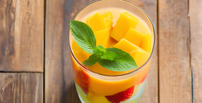 Fotografia de um copo de vidro com um refresco de frutas, com pedaços de frutas e por cima, folhas de hortelã. O copo está sobre uma mesa de madeira.