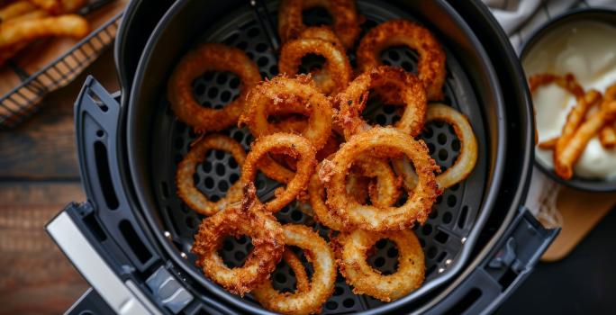 Fotografia vista de cima de várias onion rings dentro da cesta da air fryer, que está sobre uma mesa de madeira.