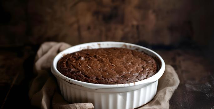 Fotografia de uma forma branca com bolo de chocolate sem glúten sobre uma mesa de madeira escura.