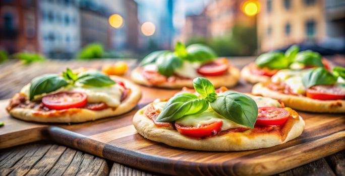 Fotografia de cinco unidades de mini pizza sobre uma tábua de madeira. As pizzas são de pão sírio aberto recheado com tomate cereja, presunto, rúcula e Requeijão NESTLÉ