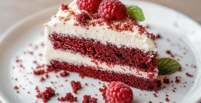 Fotografia de uma fatia de bolo red velvet sobre um prato branco raso de vidro com folhas de hortelã, farelo de bolo e algumas frutas framboesas.