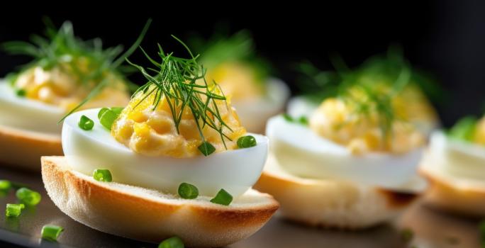 Fotografia de algumas unidades de canapés preparados com ovos de codorna e creme de leite com cebolinha por cima.