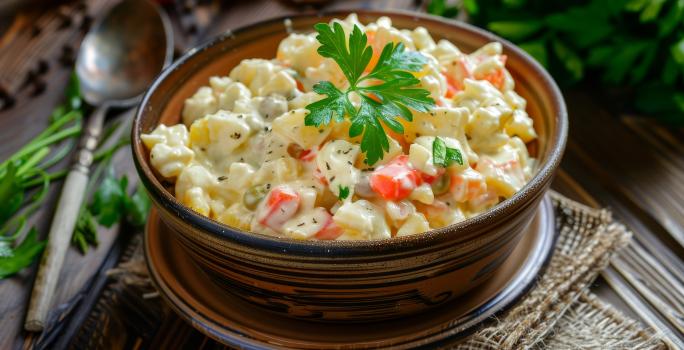 Fotografia de um recipiente fundo marrom com salada de maionese e uma folha de salsinha por cima. Ao lado do recipiente tem uma colher, ramo e talo de salsinha.