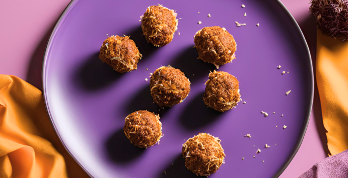 Fotografia em tons de roxo com um prato roxo ao centro. Dentro do prato existe pequenas trufas de cenoura com uva passa cobertas com coco ralado