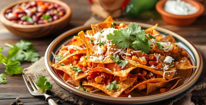 Fotografia em tons de marrom e laranja com um prato fundo ao centro. Em cima do prato existe uma receita mexicana de nachos com carne, queijo e milho.