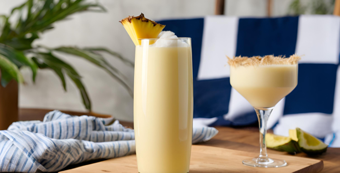 Fotografia de um copo e uma taça de vidro com uma bebida de piña colada, no copo tem um pedaço de abacaxi na borda. Os copos estão sobre uma tábua de madeira.