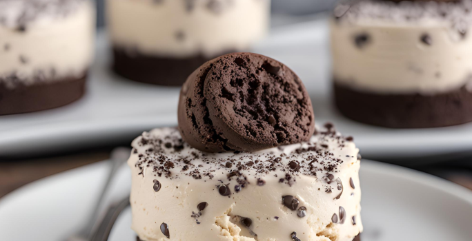 Fotografia mostra uma torta com uma base de biscoito de chocolate, sobre ela um creme branco com pedaços de biscoitos de chocolate e dois cookies de chocolate no topo para decorar.