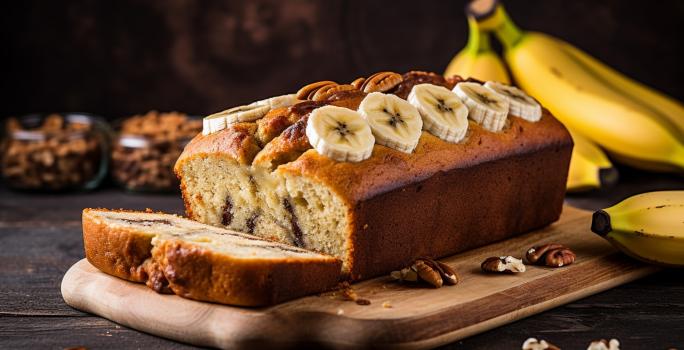 Fotografia de um bolo de banana, com rodelas por cima, feito em forma retangular pequena com uma fatia cortada e apoiada em uma forma de madeira.