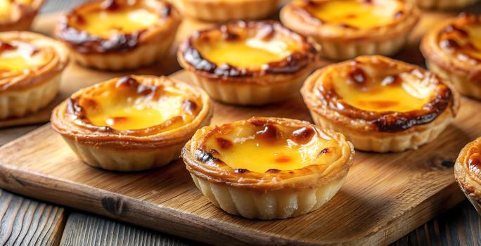 Fotografia em tons de amarelo com uma tábua de madeira ao centro. Em cima da tábua existe vários pastéis de nata caramelizados e dourados feitos na Air Fryer