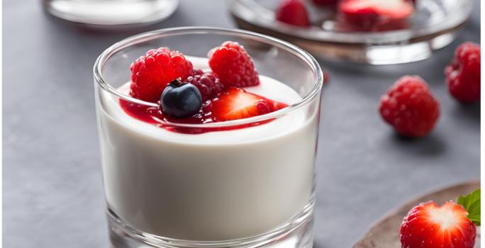 Fotografia de um recipiente de vidro pequeno com mousse de chocolate branco e um pouco de calda de frutas vermelhas por cima. O recipiente está sobre uma mesa de cimento queimado, ao lado de algumas frutas vermelhas.