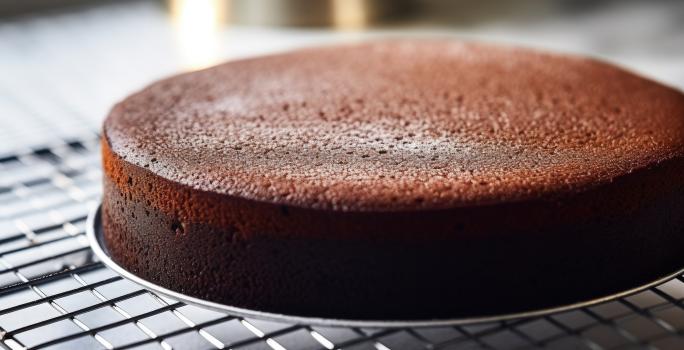 Fotografia de um bolo de cacau feito em forma redonda sem furo central. O bolo está sobre uma grade preta.