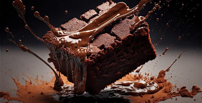 Fotografia de uma fatia de brownie com um pouco de chocolate derretido por cima e cacau em pó.