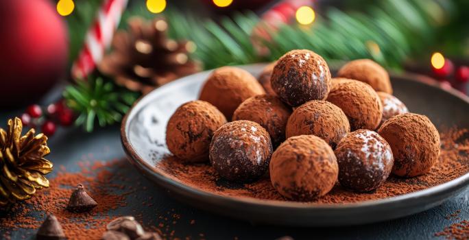 Fotografia mostra trufas de chocolate meio amargo com amêndoas, enroladas no cacau em pó.