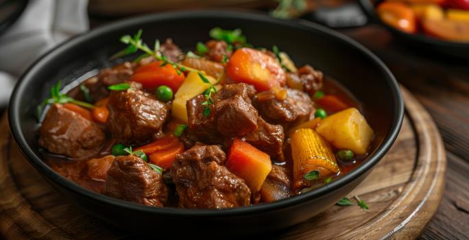 Fotografia mostra um prato com carne, cenoura e batata picadas. A carne parece suculenta devido ao molho que compõe o prato.