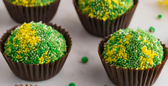 Fotografia mostra brigadeiros redendos com granulados em tons de verde e amarelo sobre forminhas na cor marrom.