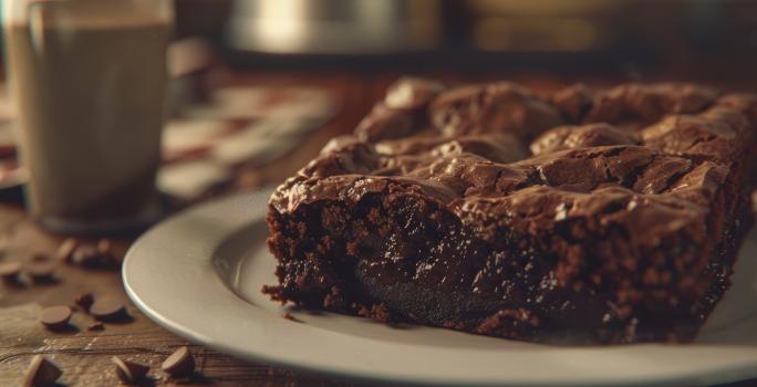 Fotografia de um pedaço de brownie de chocolate em um prato pequeno, branco de vidro raso. O prato está sobre uma mesa de madeira. Ao lado do prato tem uma xícara de tom claro.