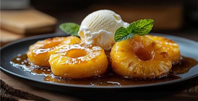 Fotografia de um prato raso preto grande com algumas rodelas de abacaxi caramelizado com calda de caramelo por baixo. No centro tem duas bolas de sorvete de creme com folhas de hortelã.