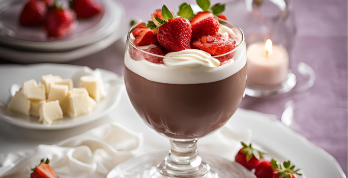 Fotografia mostra uma taça de vidro com camada de chocolate ao leite, chocolate branco e morango.