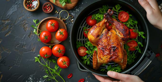 Fotografia em tons de vermelho com um cesto de air fryer ao centro. Dentro do cesto existe uma receita de frango assado acompanhada de folhas e tomates