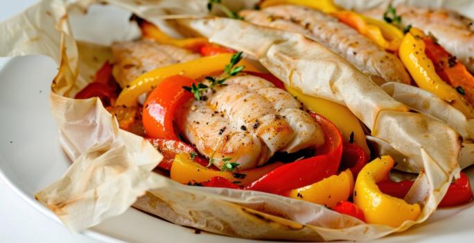 Fotografia de um filé de peixe no papillote com legumes por baixo cortados em fatias. Na fotografia são dois papillotes de peixe com legumes, um do lado do outro sobre um prato branco de vidro.