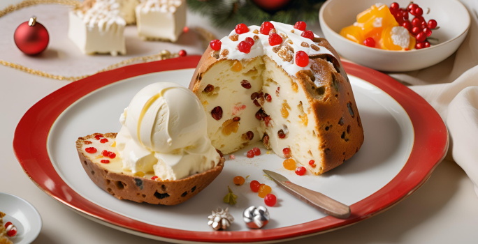 Receita de Panettone Encantado com Sorvete Gelado, servido em fatias, coberto com sorvete de creme, decorado com chantilly, frutas secas e polvilha com açúcar, tudo sobre uma mesa natalina