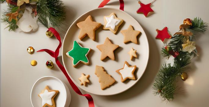 Fotografia em tons de vermelho e verde com um prato branco ao centro. Dentro do prato existe uma receita de biscoitos natalinos em formato de estrelinhas.