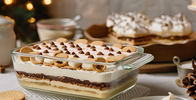 Foto da receita de pavê de natal, servido em uma travessa, em camadas de creme e biscoitos, servido em uma mesa decorada para o natal