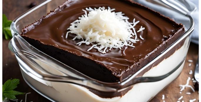 Fotografia de um recipinete quadrado de vidro com creme de coco e por cima, uma ganache de chocolate. Tem coco ralado decorando o chocolate, o recipinete está sobre uma mesa de madeira.