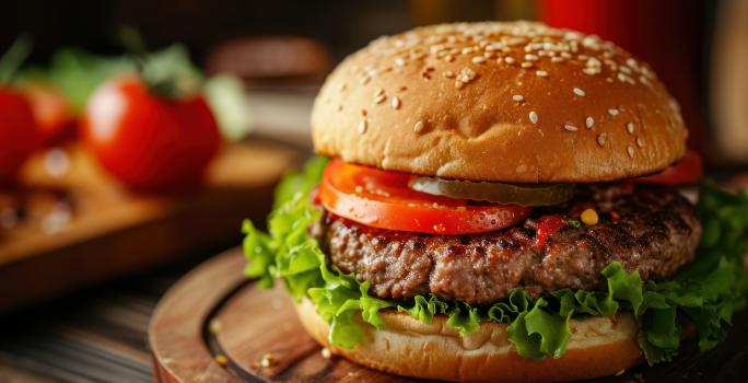 Fotografia em tons mais escuros de um hambúrguer com carne bovina, tomate, alface, pão com gergelim e cebola, e está sobre uma tábua de madeira. Ao fundo tem uma outra tábua de madeira com alguns tomates inteiros.