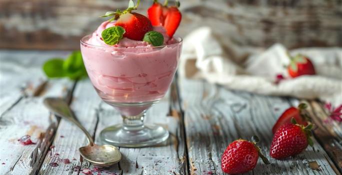 Fotografia em tons de cinza com uma taça de vidro ao centro. Em cima da taça existe uma receita de mousse de morango de cor rosa com vários morangos cortados por cima