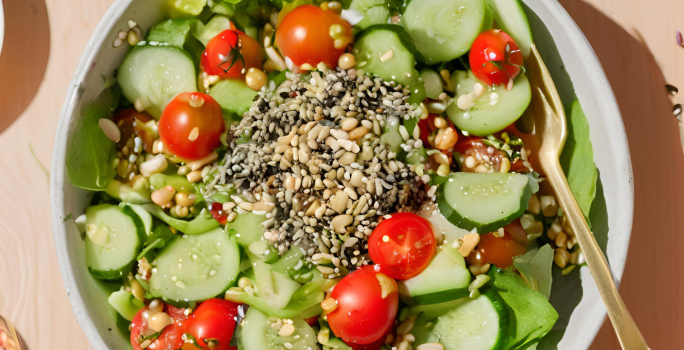 Fotografia mostra uma salada verde com tomate, pepino, grãos, sementes e um pouco de gergelim preto espalhado pela salada