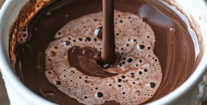 Fotografia de uma xícara branca com chocolate quente, sobre uma mesa de madeira.