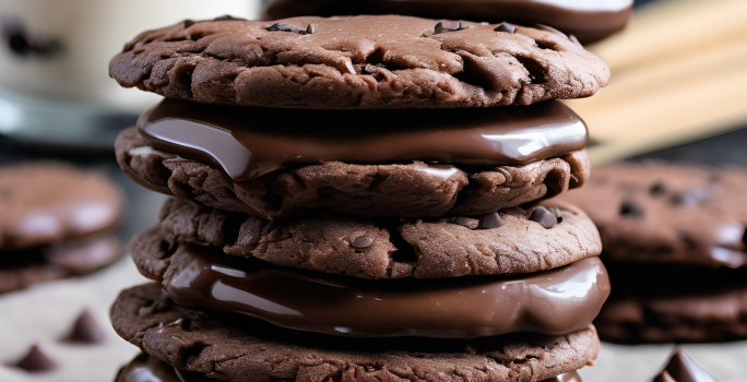 Fotografia mostra um sanduiche de cookies sabor de chocolate com gotas de chocolate recheado com uma ganache de chocolate brilhante e cremosa.